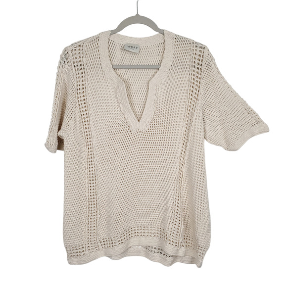 WRAP London Cream V-Neck Open Knit Short Sleeve Sweater Top Basic Cotton US 14 - Picture 2 of 11
